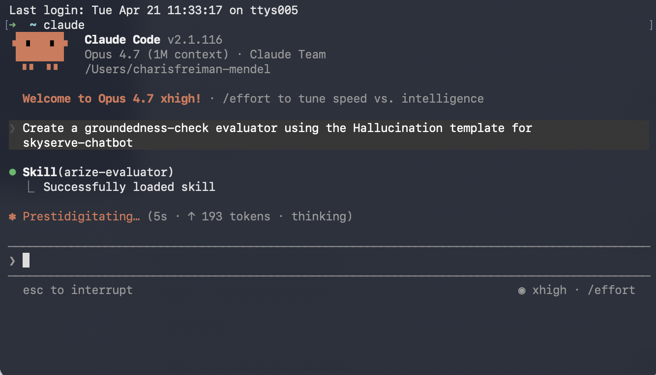 Terminal showing Claude Code loading the arize-evaluator skill after a prompt to create a groundedness-check evaluator with the Hallucination template, column mapping, and follow-up revision for skyserve-chatbot.